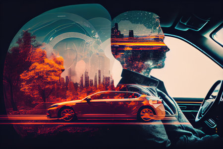 automotive industry double exposure, with car on road and person sitting in the drivers seat, created with generative aiの素材