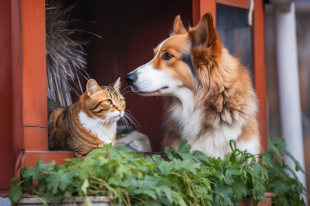 a dog and a cat living in a big city, sneaking from one house to another, created with generative aiの素材