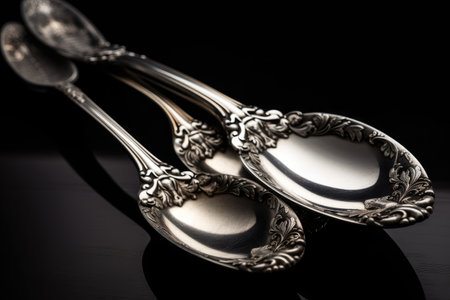 set of antique silver spoons on black velvet background, created with generative aiの素材