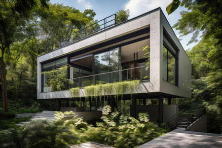 modern house surrounded by lush greenery and natural sunlight, created with generative aiの素材