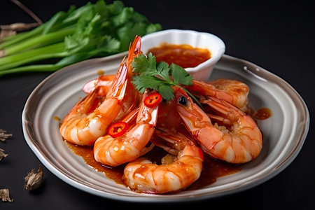 dish of tiger shrimp prawns, cooked with spicy and flavorful sauce, created with generative aiの素材