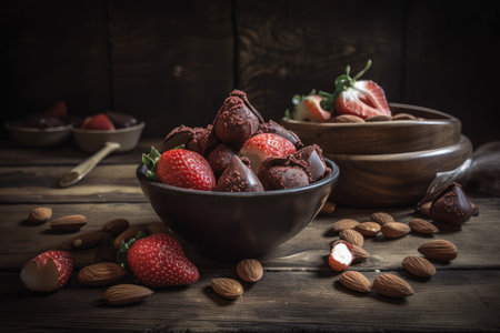 chocolate-covered strawberries and almonds in bowl on rustic wooden table, created with generative aiの素材