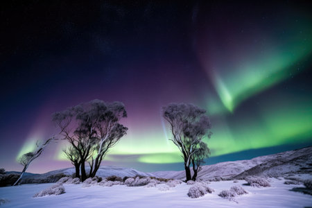 aurora borealis and australis dancing above snowy landscape, in winter wonderland, created with generative aiの素材