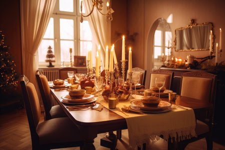 christmas dinner in a warm and cozy dining room with golden tableware, glasses and candles, created with generative aiの素材