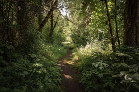 quiet forest trail surrounded by lush greenery and bird calls, created with generative aiの素材