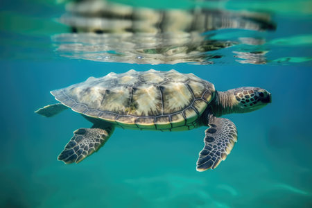 baby turtle swimming in the clear blue sea, created with generative aiの素材