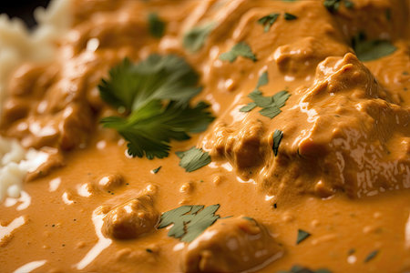 close-up of creamy chicken tikka masala sauce, sprinkled with chopped cilantro, created with generative aiの素材
