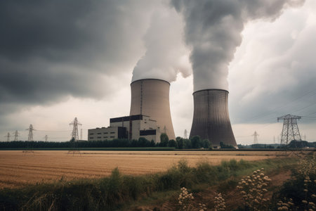 bioenergy power plant, with smoke billowing from the chimney and steam rising from the cooling tower, created with generative aiの素材