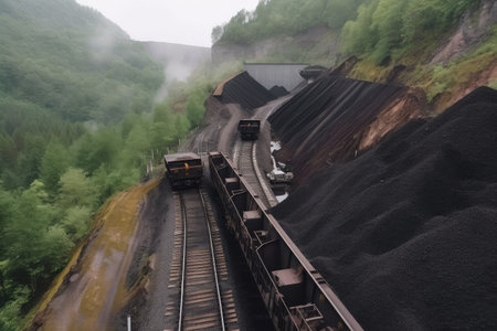 mining site, with train transporting coal to processing plant, created with generative aiの素材
