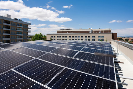 solar panels on a roof of a building, with the blue sky in the background, created with generative aiの素材
