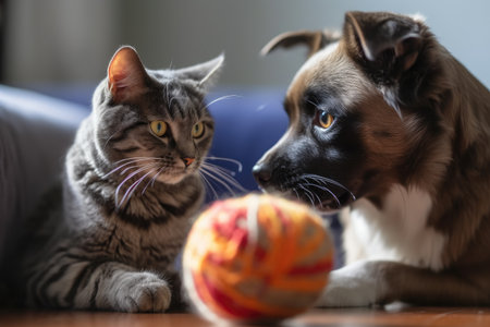 cat and dog playing with a ball of yarn in shot-blurred background, created with generative aiの素材