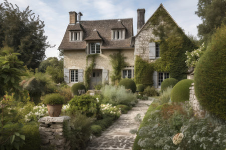 classic french country house with manicured gardens and stone walls, created with generative aiの素材