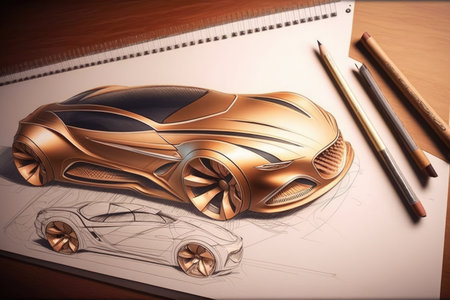 car design sketch with intricate details, showing off the creativity and skill of the designer, created with generative aiの素材