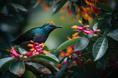 exotic bird perched on delicate flower, surrounded by lush foliage, created with generative aiの素材