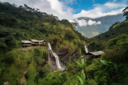 off-the-beaten-path destination with scenic views of mountains and waterfalls, created with generative aiの素材