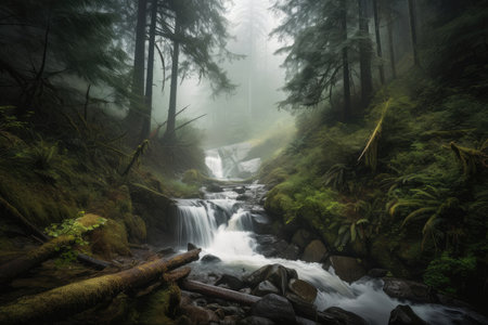 forest with rushing waterfall and misty air for peaceful retreat, created with generative aiの素材