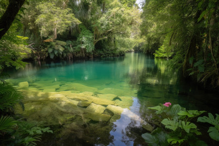 salterhwith translucent and peaceful water, surrounded by lush vegetation, created with generative aiの素材