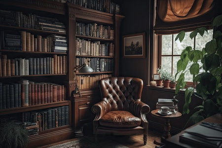 a brown leather chair surrounded by shelves of books and a window with natural light, created with generative aiの素材