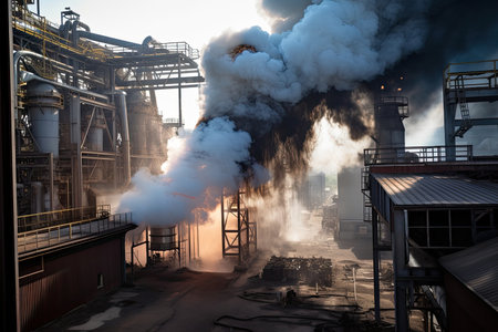 aluminum smelter, with smoke billowing from the chimneys, and molten aluminum pouring out, created with generative aiの素材