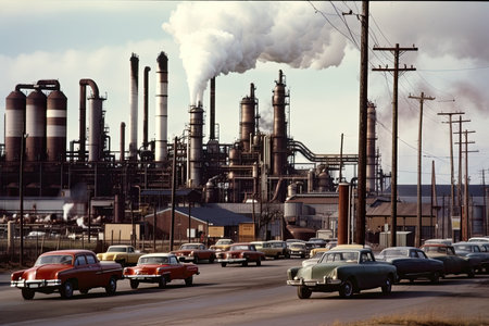 chemical plant, with smoke rising from chimneys, and trucks transporting raw materials, created with generative aiの素材