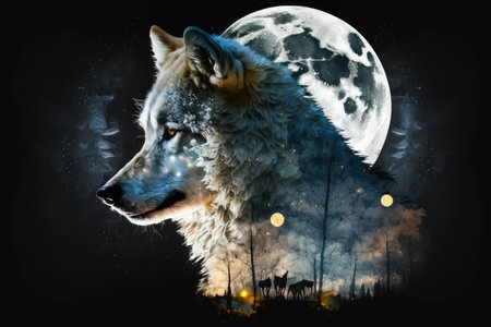 double exposure of wolf with moon in the night sky, created with generative aiの素材