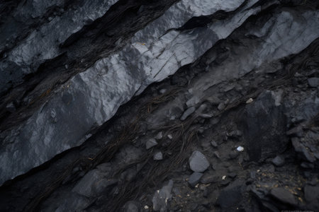 close-up of coal seam, with the dark and rich mineral in full view, created with generative aiの素材