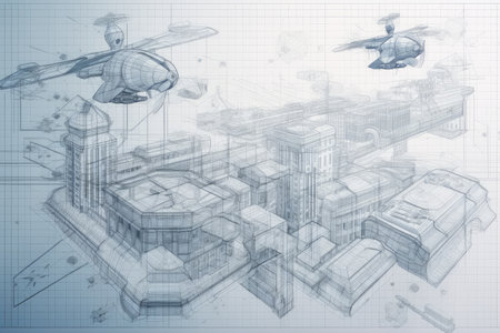 architectural blueprint of futuristic city with flying cars and hoverbikes, created with generative aiの素材