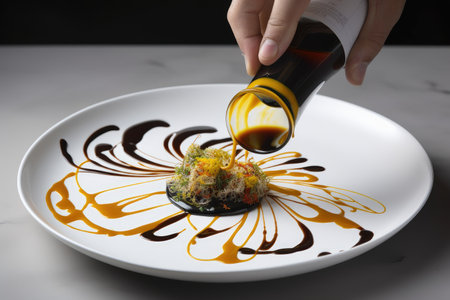 food stylist decorates plate with swirls of sauce and drizzles of oil, created with generative aiの素材