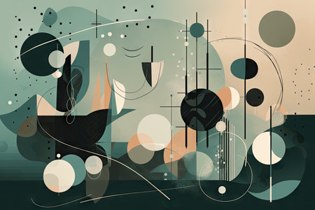 abstract illustration of asymmetrical and balanced design, with floating shapes against a monochromatic background, created with generative aiの素材