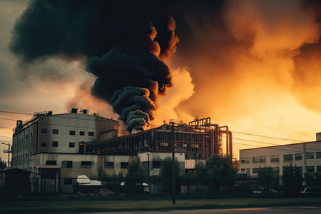 chemical factory, with smoke and flames billowing from its smokestacks, created with generative aiの素材