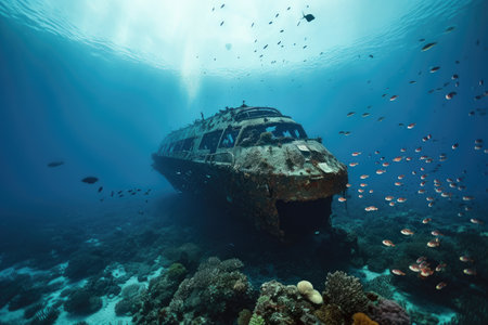 submersible hovering above large coral reef, with schools of fish swimming in the depths, created with generative aiの素材