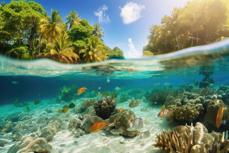 tropical beach, with colorful fish swimming amongst the coral and tropical plants, created with generative aiの素材