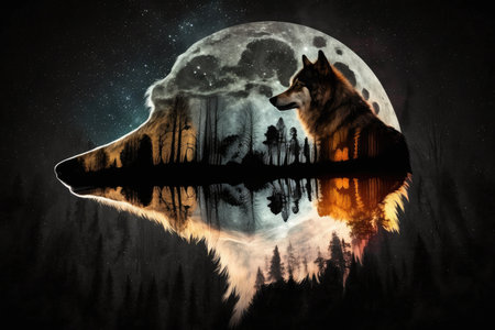 double exposure of wolf howling at full moon, created with generative aiの素材
