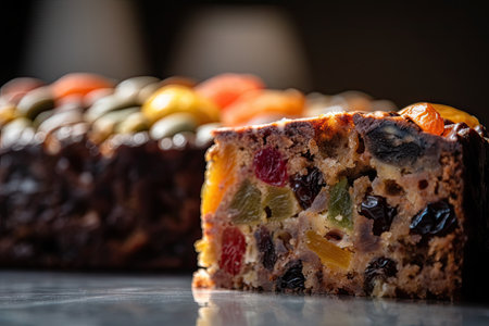 close-up of fruit cake, with its rich flavors and textures visible, created with generative aiの素材