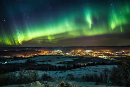 aurora dancing across starry night sky, with view of distant town visible in the foreground, created with generative aiの素材