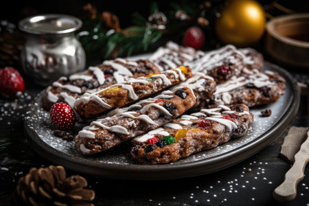 plate of fruitcake slices dusted with powdered sugar and drizzled with glaze, created with generative aiの素材