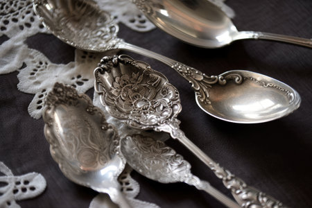 antique silver spoons with delicate, lacy designs, created with generative aiの素材