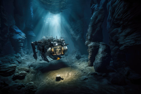 submersible in underwater cave system, surrounded by towering rock formations, created with generative aiの素材