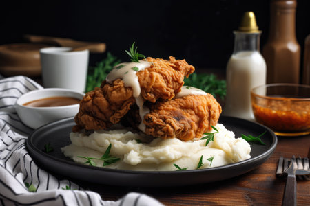 plate of crispy fried chicken paired with creamy mashed potatoes and gravy, created with generative aiの素材