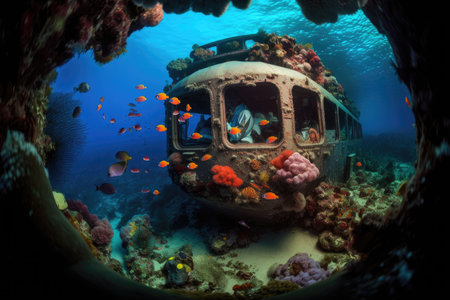 submersible dives through lush coral reef, surrounded by colorful and vibrant marine life, created with generative aiの素材