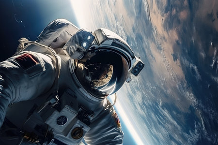 astronaut, surrounded by the breathtaking view of space, floating in zero gravity, created with generative aiの素材