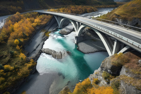 highway bridge over clear, winding river with waterfalls, created with generative aiの素材