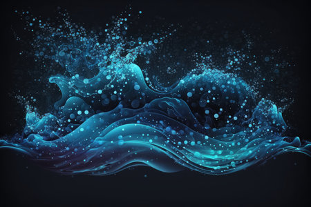 blue abstract liquid wave background with floating particles and sparkles, created with generative aiの素材