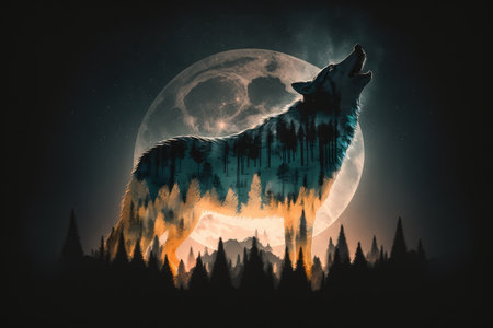 double exposure of lone wolf howling at the moon, surrounded by forest, created with generative aiの素材