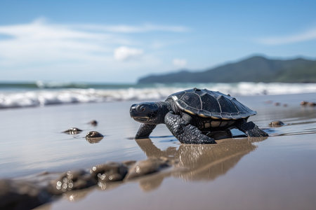 baby turtle climbing onto beach in search of the ocean, created with generative aiの素材