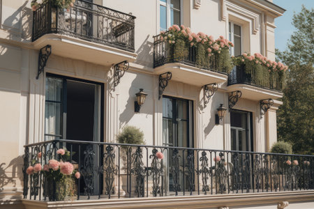 classic elegant french country house exterior with balcony, lanterns and floral arrangements on the balustrade, created with generative aiの素材