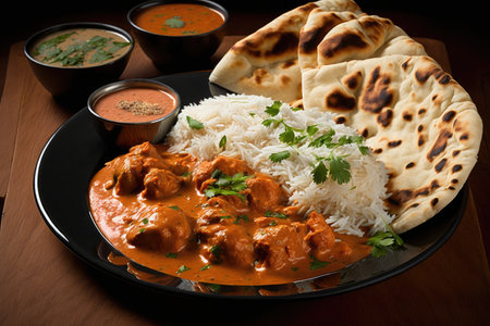 platter of chicken tikka masala, with basmati rice and naan, created with generative aiの素材