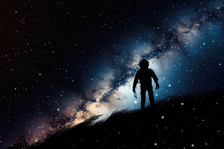 view of starry sky, with twinkling stars, and the silhouette of a spacesuit figure floating in the cosmos, created with generative aiの素材