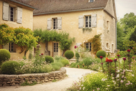 french country house exterior with stone wall and garden in the foreground, created with generative aiの素材