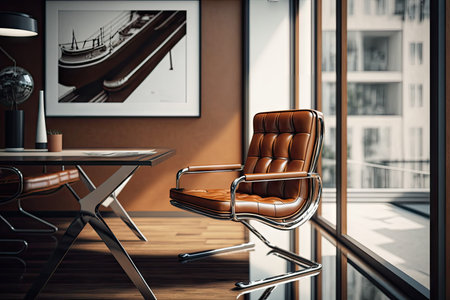 a brown leather chair in a modern office, surrounded by chrome and glass, created with generative aiの素材